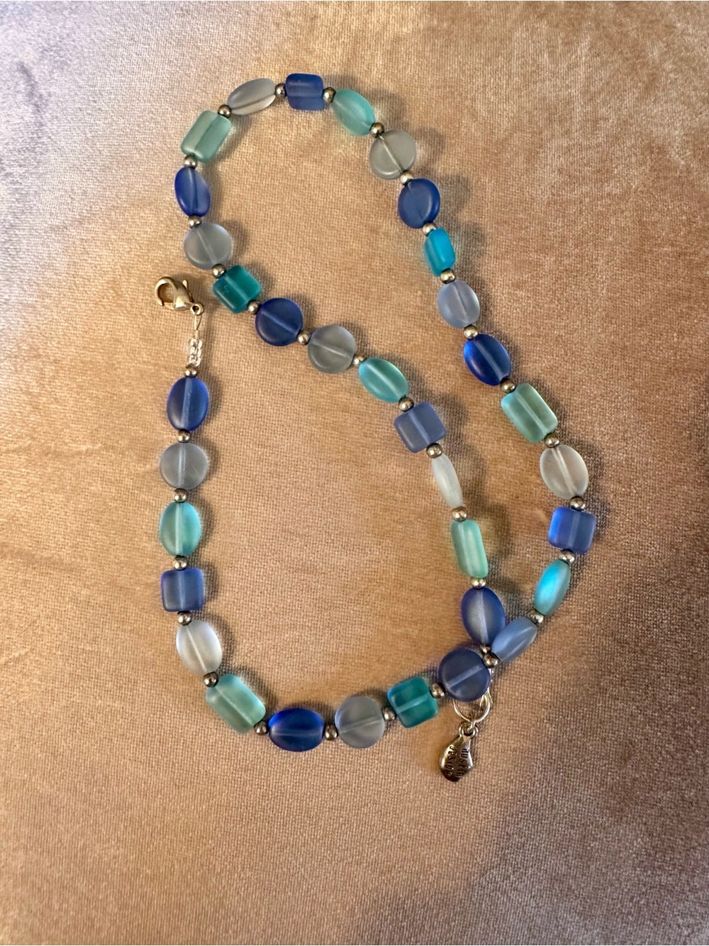 Austin Design Blue Aqua Teal Beaded Necklace Frosted Glass Silver Tone